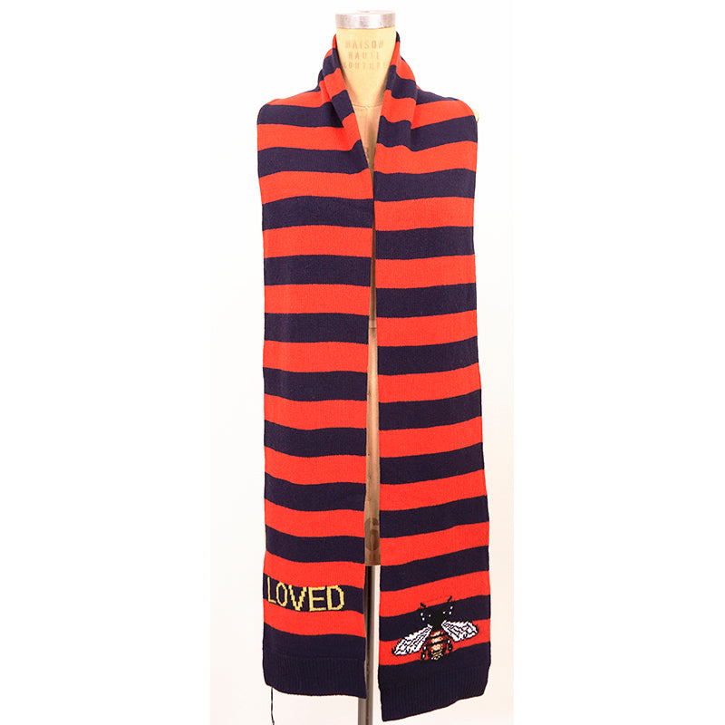 NEW $810 GUCCI Men's Unisex Red and Navy Striped Wool Long Scarf With Bee Logo