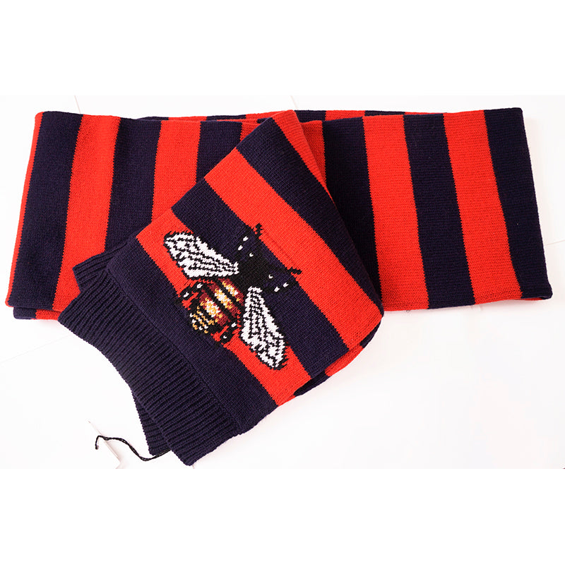 NEW $810 GUCCI Men's Unisex Red and Navy Striped Wool Long Scarf With Bee Logo