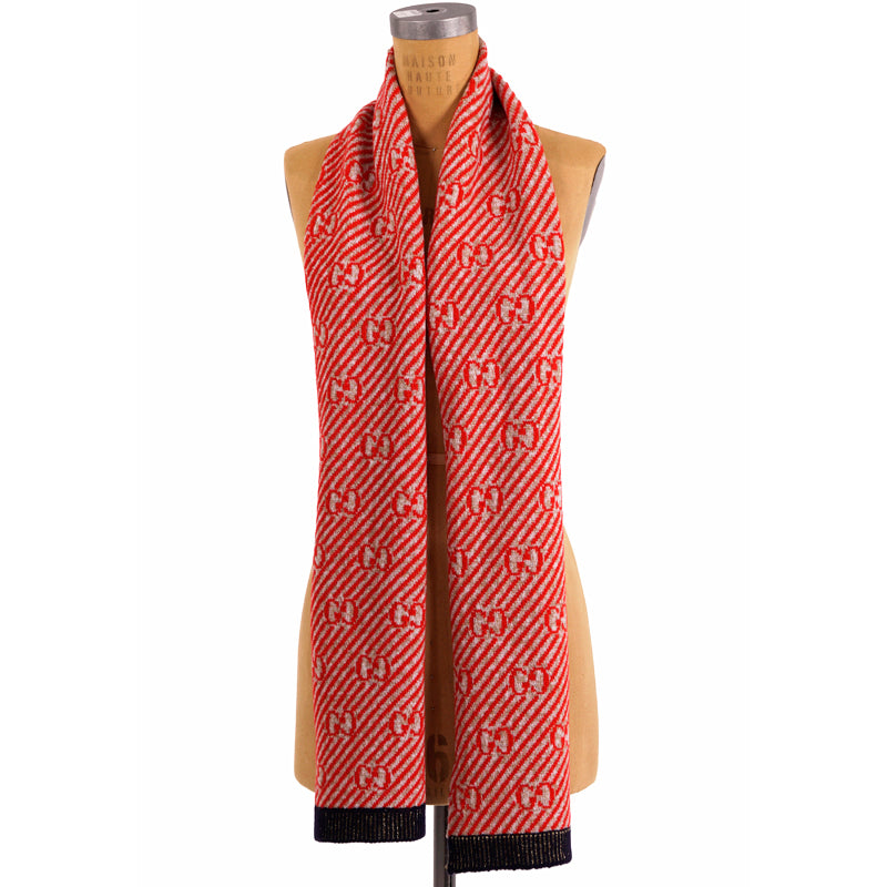 NEW $415 GUCCI Red and Gold GG Stripe JACQUARD Wool Long Fall Winter SCARF