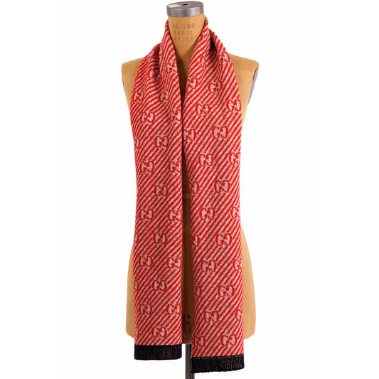 NEW $415 GUCCI Red and Gold GG Stripe JACQUARD Wool Long Fall Winter SCARF