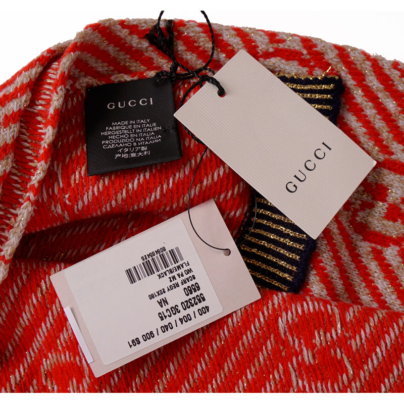 NEW $415 GUCCI Red and Gold GG Stripe JACQUARD Wool Long Fall Winter SCARF