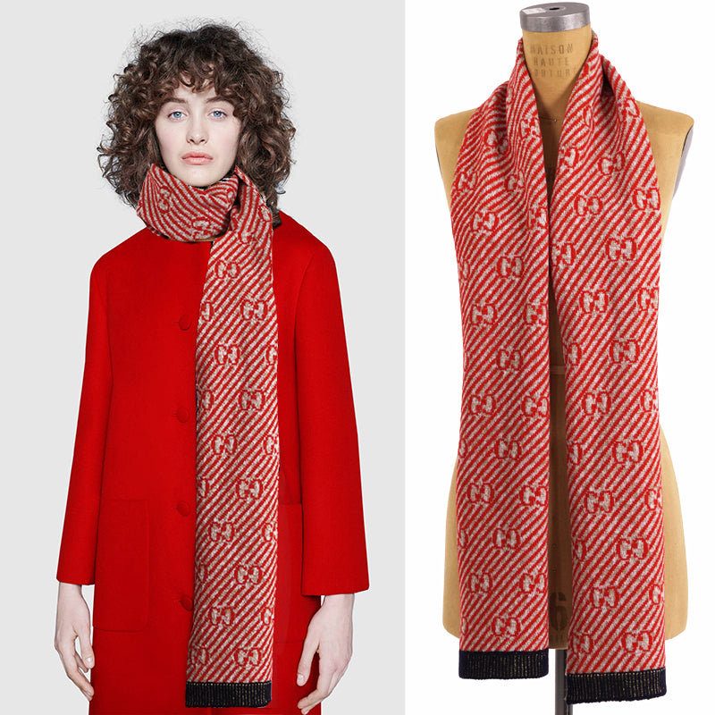 NEW $415 GUCCI Red and Gold GG Stripe JACQUARD Wool Long Fall Winter SCARF