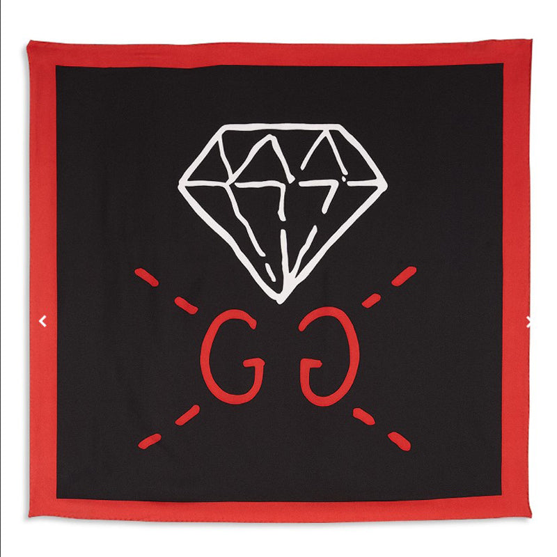 NEW $495 GUCCI Black & Red GG GUCCI GHOST Diamond Print Square Silk Twill SCARF