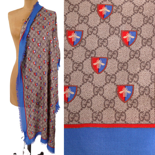 NEW $490 GUCCI Classic GG LOGO Web Shield GOLD BEE Modal Silk LARGE 70x180 SCARF