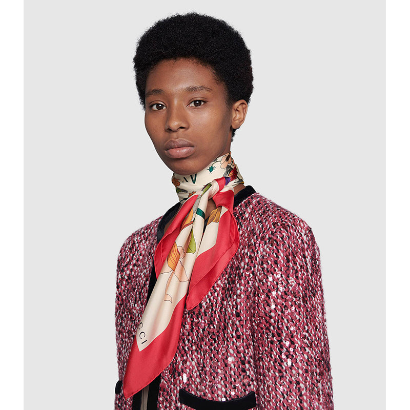 NEW $495 GUCCI Ivory GOTHIC FLORA Multi-Color Floral Print Silk Twill 90cm SCARF