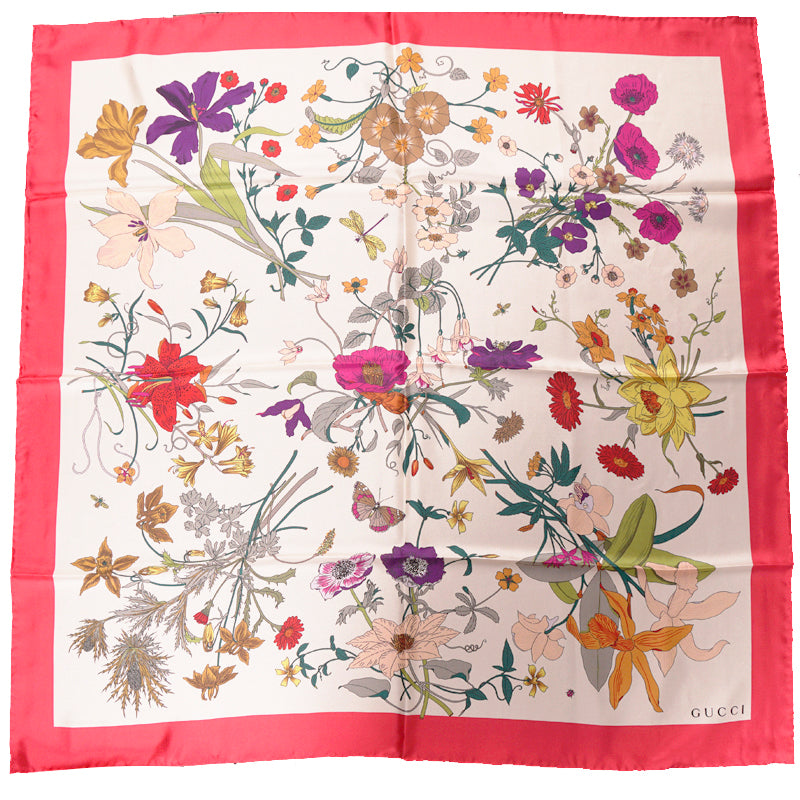 NEW $495 GUCCI Ivory GOTHIC FLORA Multi-Color Floral Print Silk Twill 90cm SCARF