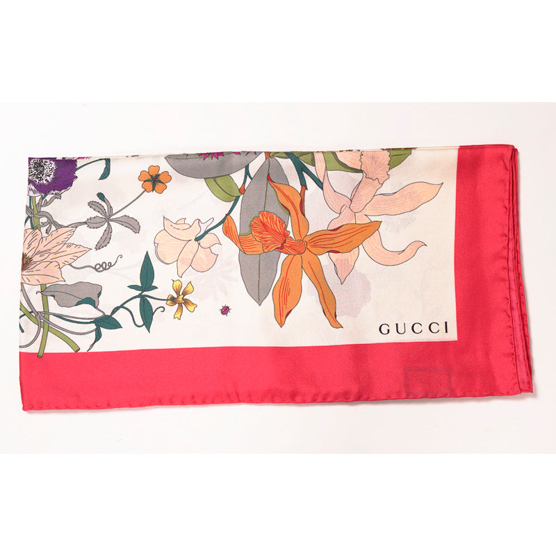 NEW $495 GUCCI Ivory GOTHIC FLORA Multi-Color Floral Print Silk Twill 90cm SCARF