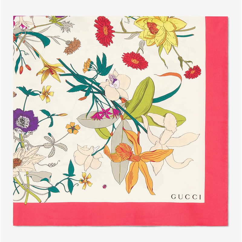 NEW $495 GUCCI Ivory GOTHIC FLORA Multi-Color Floral Print Silk Twill 90cm SCARF
