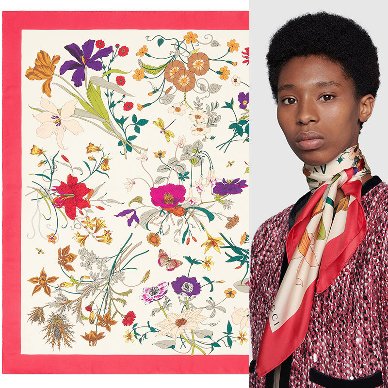 NEW $495 GUCCI Ivory GOTHIC FLORA Multi-Color Floral Print Silk Twill 90cm SCARF