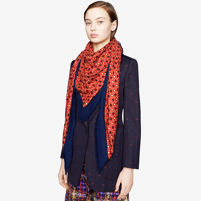 NEW $540 GUCCI Red Navy GG HEARTS STARS Dimmher Cover-Up OVERSIZE SHAWL SCARF