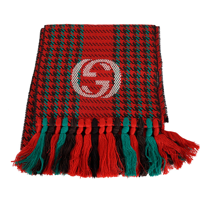 NEW $690 GUCCI Red & Green WOOL HOUNDSTOOTH Large GG Logo Chunky 79" Long SCARF