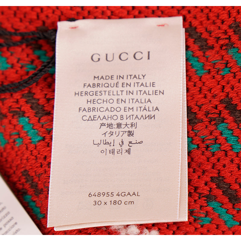 NEW $690 GUCCI Red & Green WOOL HOUNDSTOOTH Large GG Logo Chunky 79" Long SCARF
