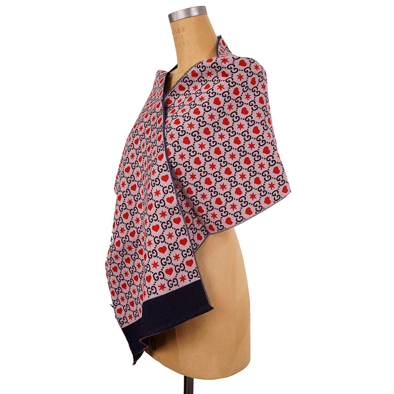 NEW $430 GUCCI Pink Jacquard GG LOGO WALLPAPER Hearts Stars Wool 75" Long SCARF