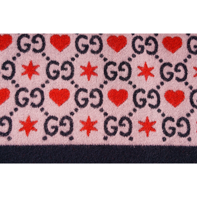 NEW $430 GUCCI Pink Jacquard GG LOGO WALLPAPER Hearts Stars Wool 75" Long SCARF