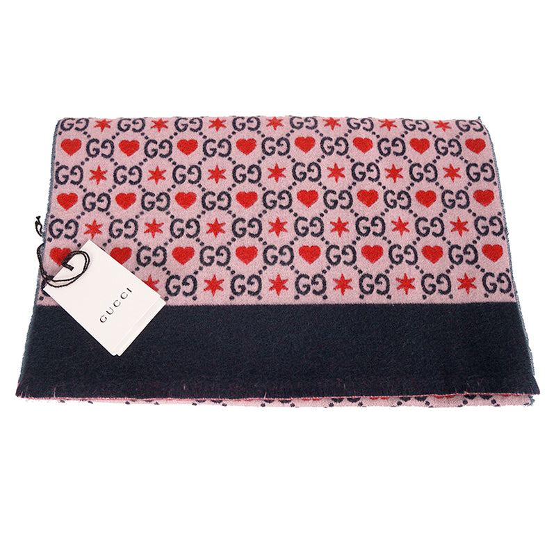 NEW $430 GUCCI Pink Jacquard GG LOGO WALLPAPER Hearts Stars Wool 75" Long SCARF