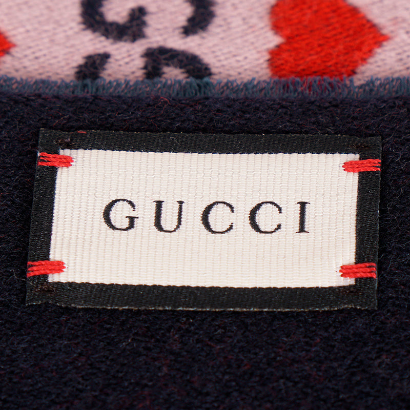 NEW $430 GUCCI Pink Jacquard GG LOGO WALLPAPER Hearts Stars Wool 75" Long SCARF