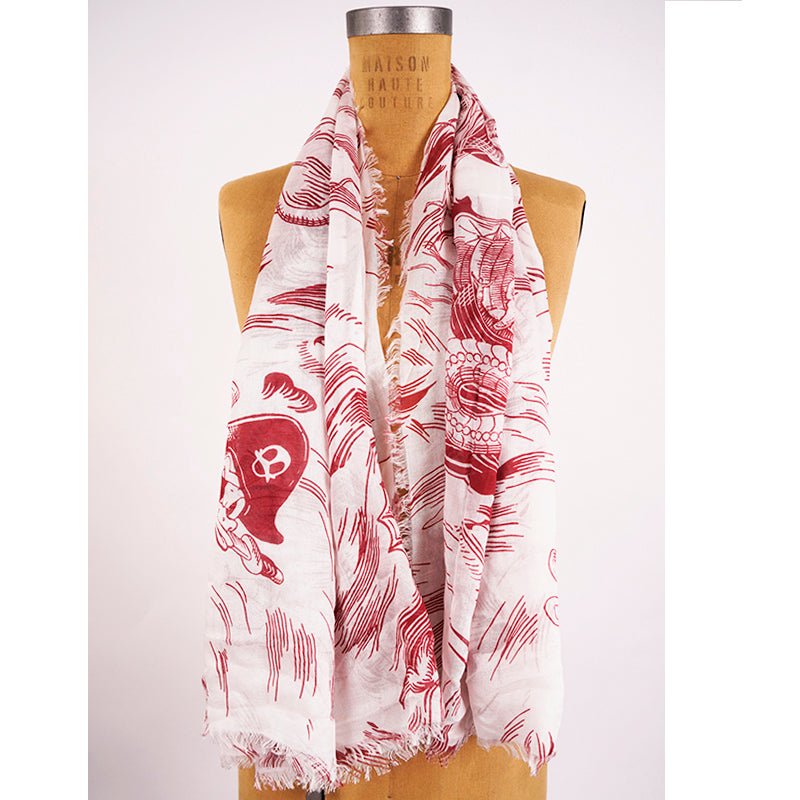 NEW $840 GUCCI Off-White Ivory Red Sea Storm DONALD DUCK PIRATE Silk Modal SCARF