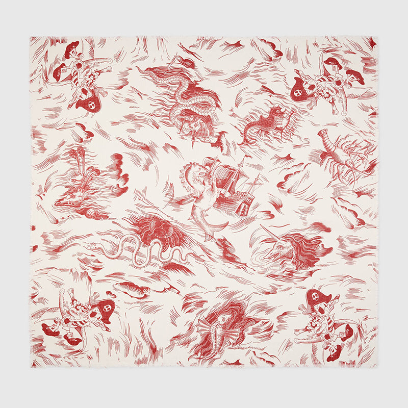 NEW $840 GUCCI Off-White Ivory Red Sea Storm DONALD DUCK PIRATE Silk Modal SCARF
