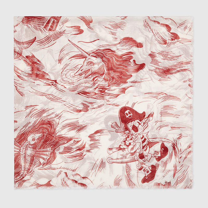 NEW $840 GUCCI Off-White Ivory Red Sea Storm DONALD DUCK PIRATE Silk Modal SCARF