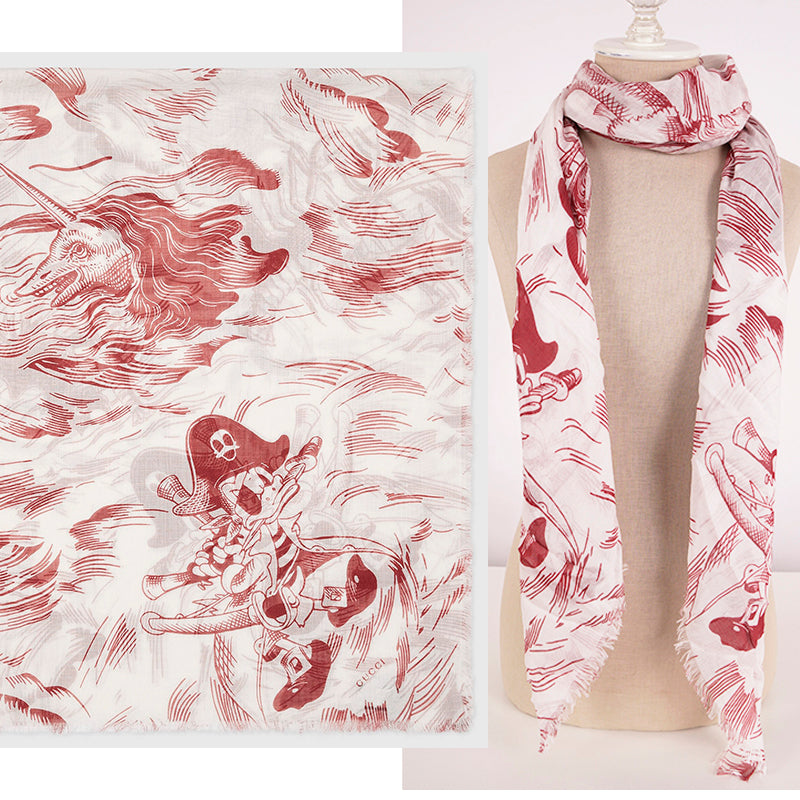 NEW $840 GUCCI Off-White Ivory Red Sea Storm DONALD DUCK PIRATE Silk Modal SCARF