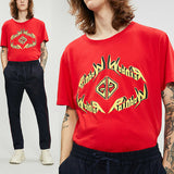 L & XXL NEW $580 GUCCI Men's Red Cotton Yellow ROCKER GG LOGO Rainbow Tee T-SHIRT