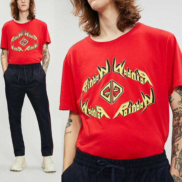 GUCCI★素敵！Red Cotton GG LOGO Rainbow Tee T-SHIRT Gucci Red Cotton 
