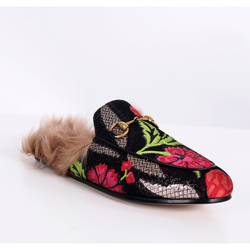 7 NEW $1,080 GUCCI Black Floral BROCADE Jacquard Fur Princetown Slippers LOAFERS