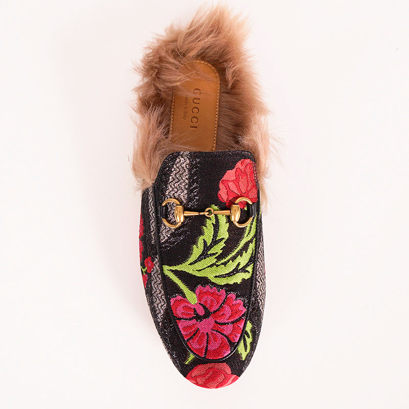 7 NEW $1,080 GUCCI Black Floral BROCADE Jacquard Fur Princetown Slippers LOAFERS