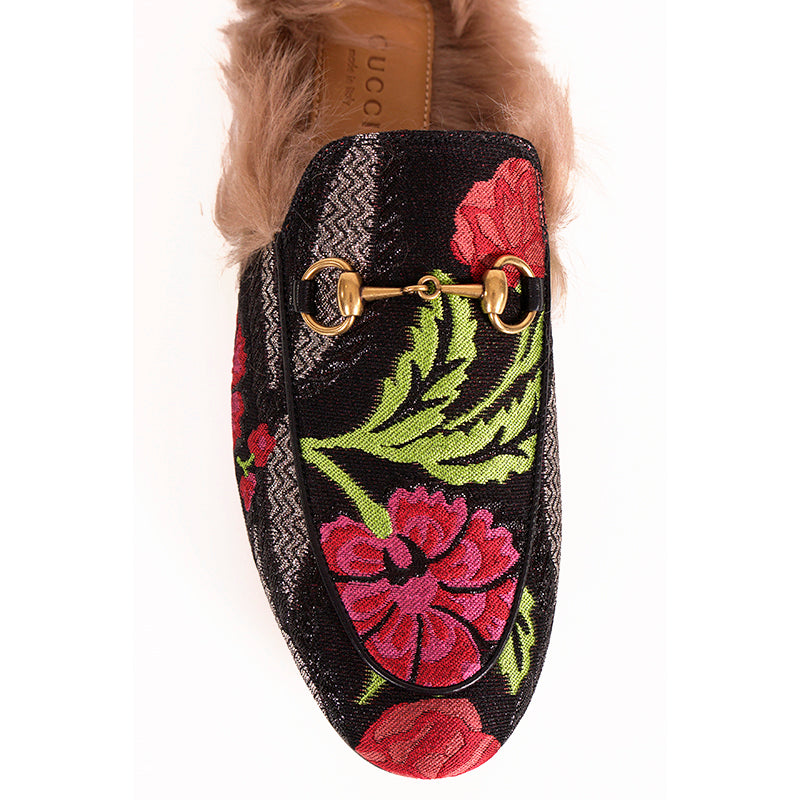 7 NEW $1,080 GUCCI Black Floral BROCADE Jacquard Fur Princetown Slippers LOAFERS