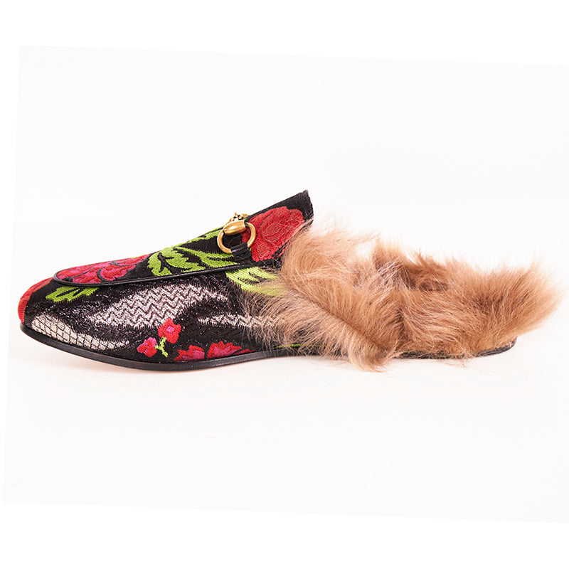 7 NEW $1,080 GUCCI Black Floral BROCADE Jacquard Fur Princetown Slippers LOAFERS