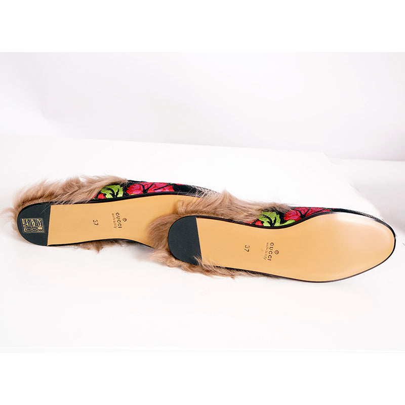 7 NEW $1,080 GUCCI Black Floral BROCADE Jacquard Fur Princetown Slippers LOAFERS
