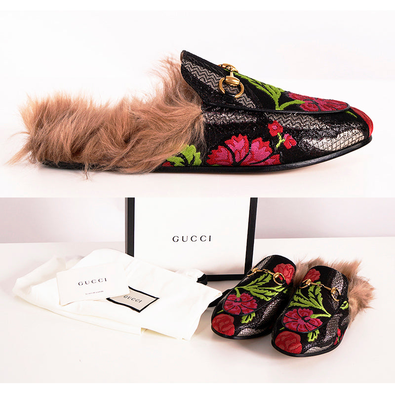 7 NEW $1,080 GUCCI Black Floral BROCADE Jacquard Fur Princetown Slippers LOAFERS