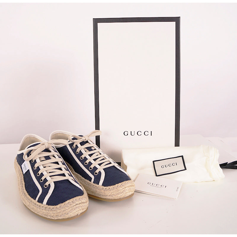 9G US 9.5 NEW $630 GUCCI Men's GG LOGO Blue Espadrille Lace-Up HYBRID SNEAKERS