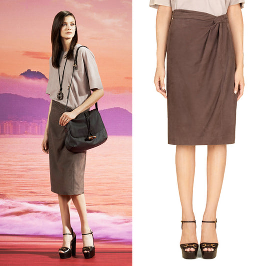 40 NEW $2500 GUCCI RUNWAY Brown 100% LEATHER SUEDE Knot Accent Pencil SKIRT XS