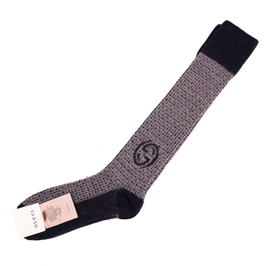 sz S NEW $195 GUCCI Men’s Wool Grey Blue Pattern INTERLOCKING LOGO GG Tall SOCKS