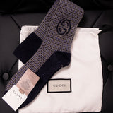 sz S NEW $195 GUCCI Men’s Wool Grey Blue Pattern INTERLOCKING LOGO GG Tall SOCKS