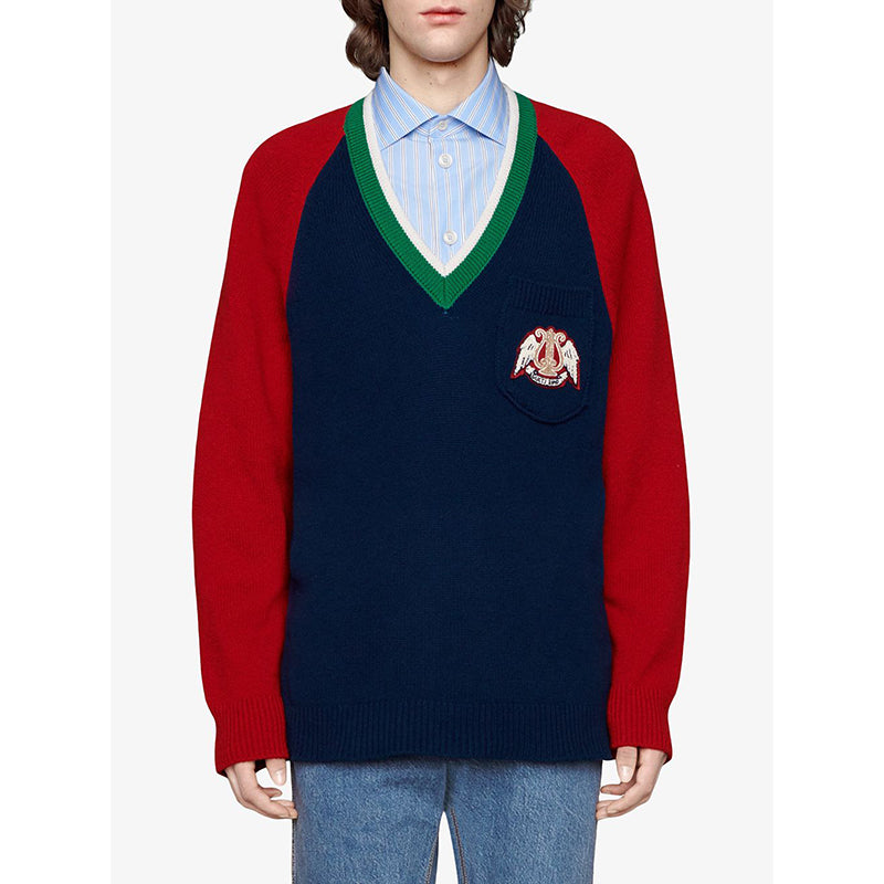 sz M NEW $1200 GUCCI Men's Colorblock GUCCI BAND LOGO PATCH V Neck KNIT SWEATER