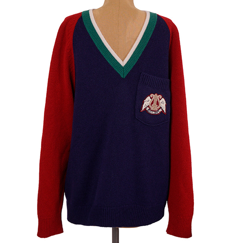 sz M NEW $1200 GUCCI Men's Colorblock GUCCI BAND LOGO PATCH V Neck KNIT SWEATER