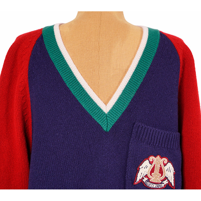 sz M NEW $1200 GUCCI Men's Colorblock GUCCI BAND LOGO PATCH V Neck KNIT SWEATER