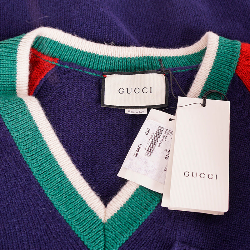 sz M NEW $1200 GUCCI Men's Colorblock GUCCI BAND LOGO PATCH V Neck KNIT SWEATER