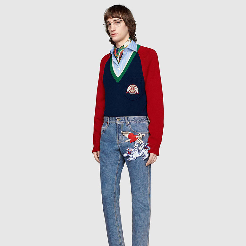 sz M NEW $1200 GUCCI Men's Colorblock GUCCI BAND LOGO PATCH V Neck KNIT SWEATER