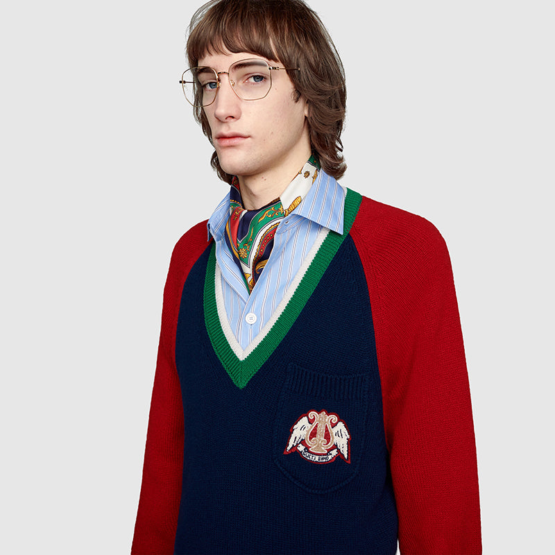 sz M NEW $1200 GUCCI Men's Colorblock GUCCI BAND LOGO PATCH V Neck KNIT SWEATER