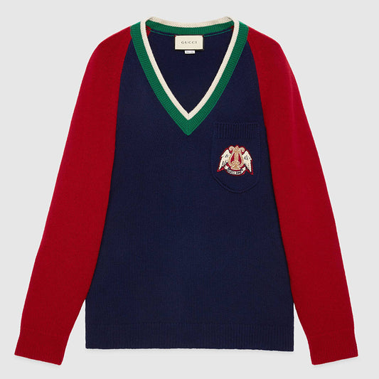 sz M NEW $1200 GUCCI Men's Colorblock GUCCI BAND LOGO PATCH V Neck KNIT SWEATER