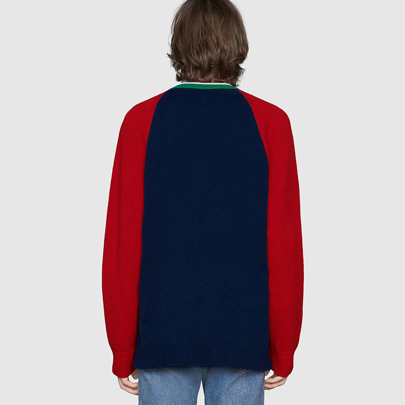sz M NEW $1200 GUCCI Men's Colorblock GUCCI BAND LOGO PATCH V Neck KNIT SWEATER