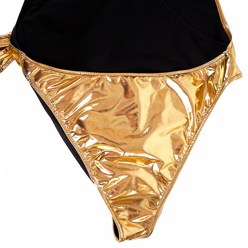 sz S NEW $950 GUCCI Black GOLD LAME Plunge Neckline Halter BODY SWIMSUIT & PIN