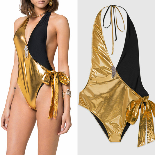 sz S NEW $950 GUCCI Black GOLD LAME Plunge Neckline Halter BODY SWIMSUIT & PIN