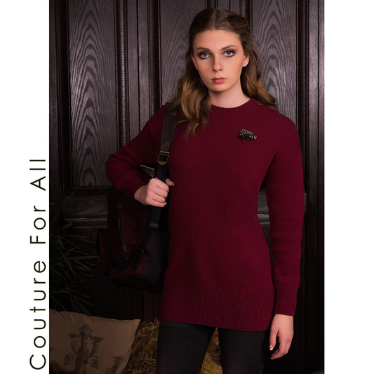 sz L NEW $1050 GUCCI Dk Red Wool GOLD BEE BROOCH Long OVERSIZE Knit Long SWEATER