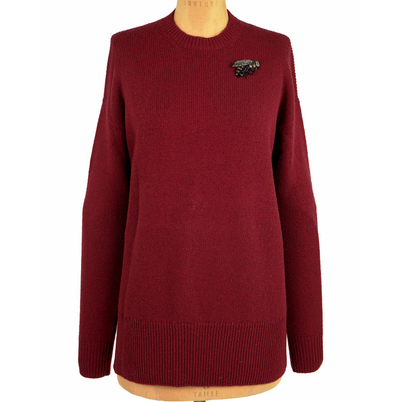 sz L NEW $1050 GUCCI Dk Red Wool GOLD BEE BROOCH Long OVERSIZE Knit Long SWEATER