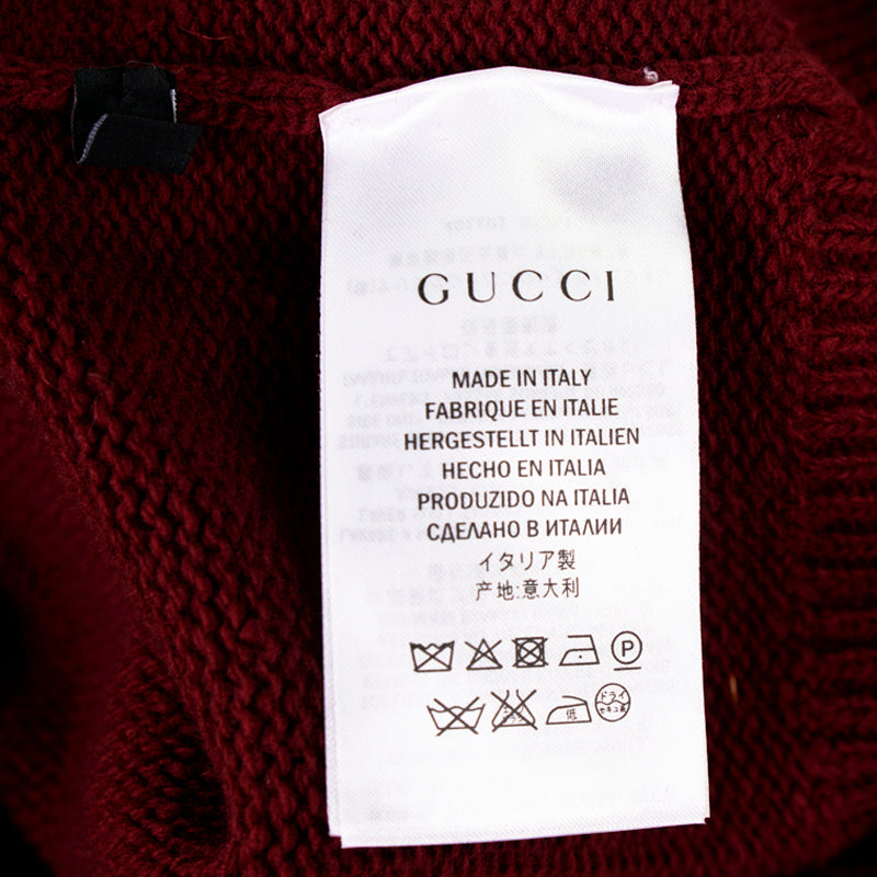 sz L NEW $1050 GUCCI Dk Red Wool GOLD BEE BROOCH Long OVERSIZE Knit Long SWEATER