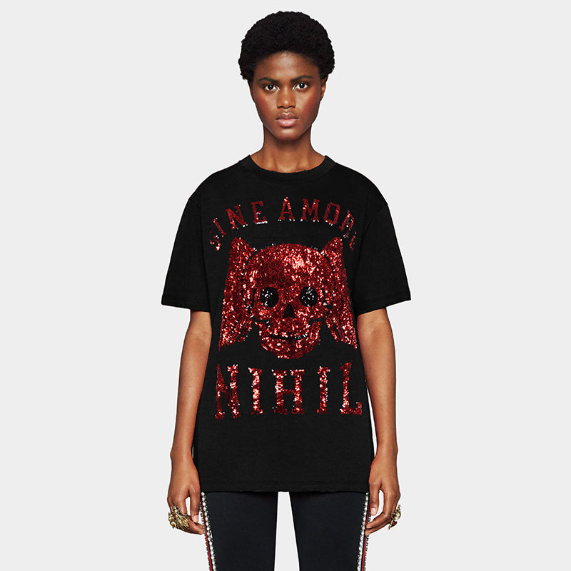 XS NEW $1,490 GUCCI Black Sine AMORE Red Winged Skull Sequin Oversized T-SHIRT